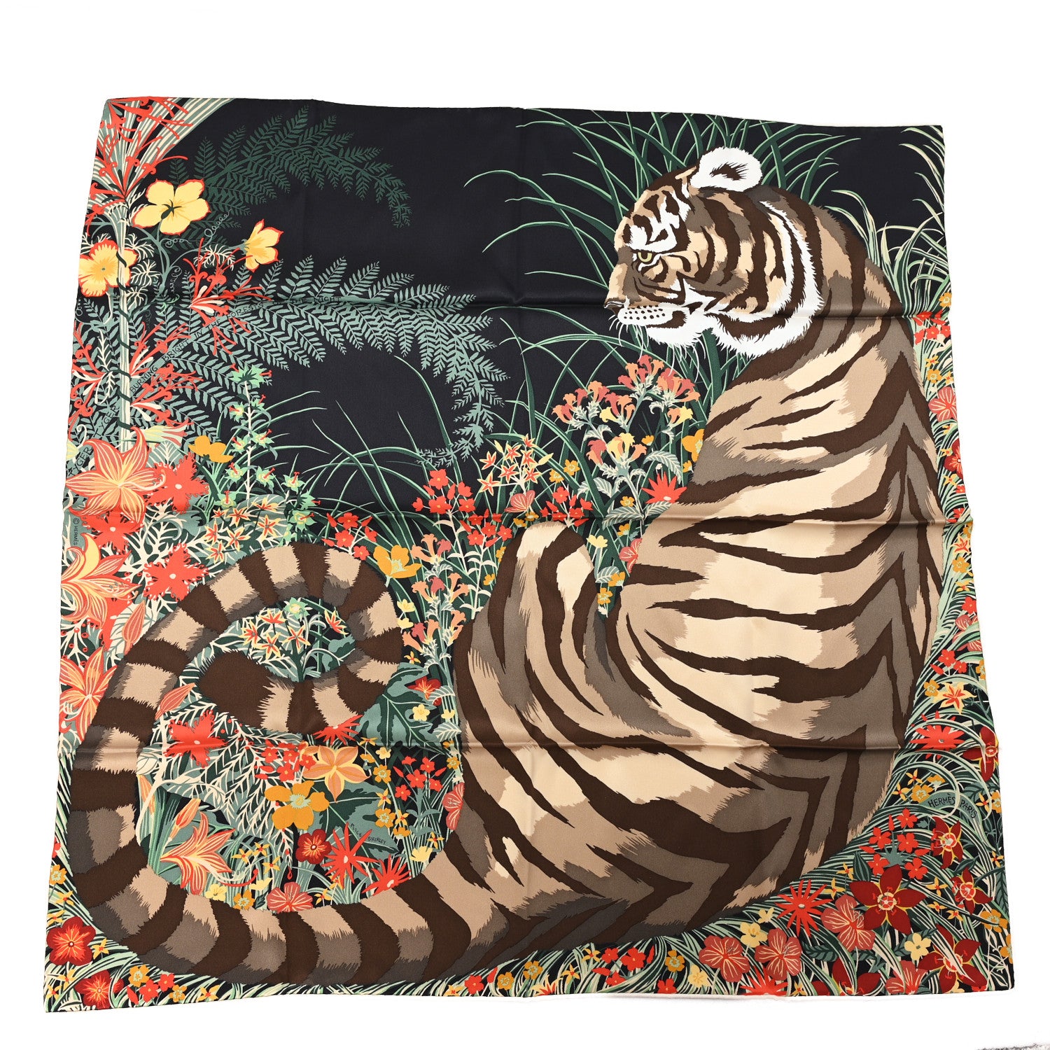 Hermes Silk Tyger Tyger Scarf 70 Black Beige Corail 1 of 3