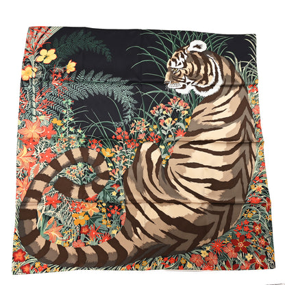 Hermes Silk Tyger Tyger Scarf 70 Black Beige Corail 1 of 3