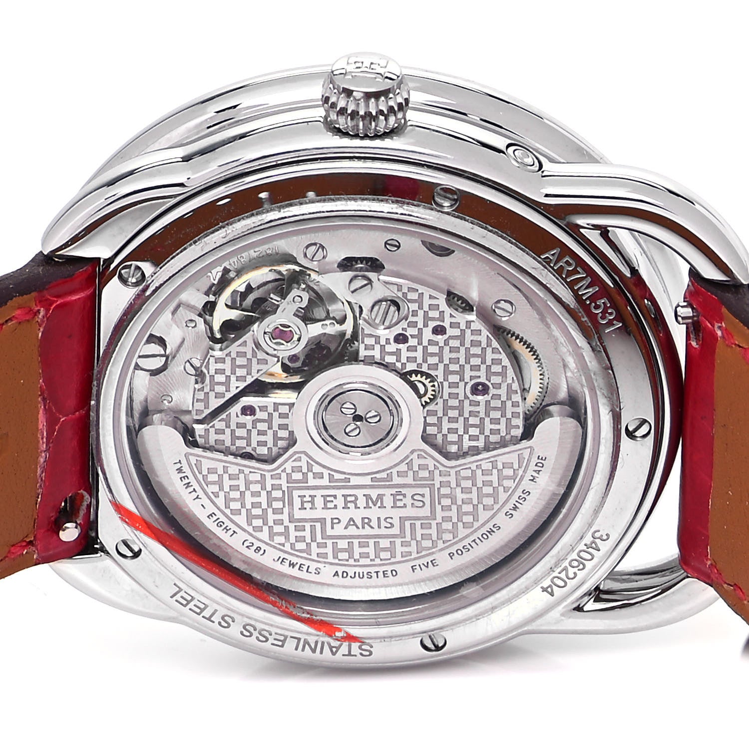 Hermes Stainless Steel Alligator Diamond Mother of Pearl 38mm Arceau Petite Lune Automatic Watch Braise 4 of 5