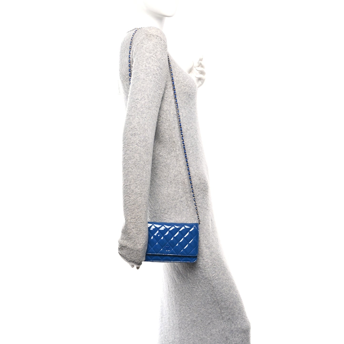 Patent Calfskin Quilted Wallet On Chain WOC Dark Blue
