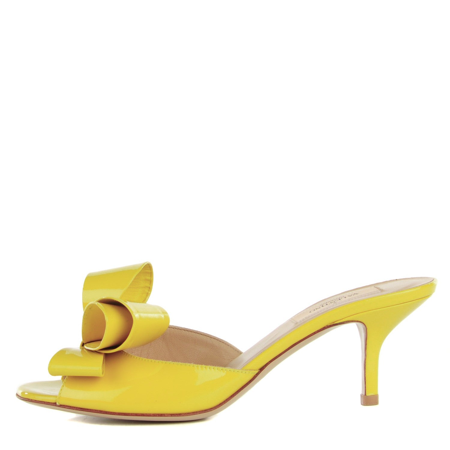 Valentino Garavani Patent Couture Bow Peep Toe Low Heel Slide Pumps 37 Yellow 1 of 7