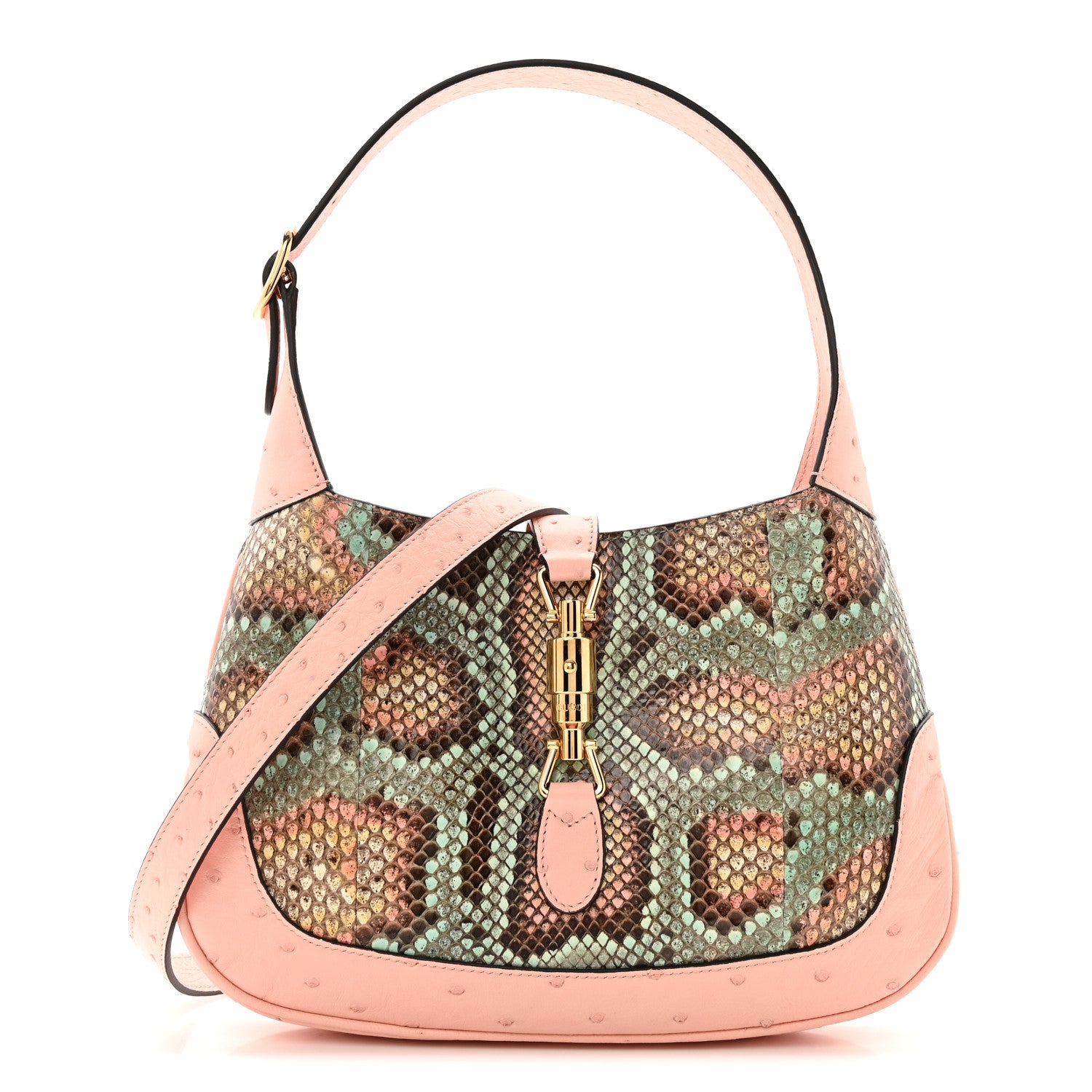 Gucci Snakeskin Ostrich Calfskin Small Jackie 1961 Hobo Pink Multicolor 1 of 15