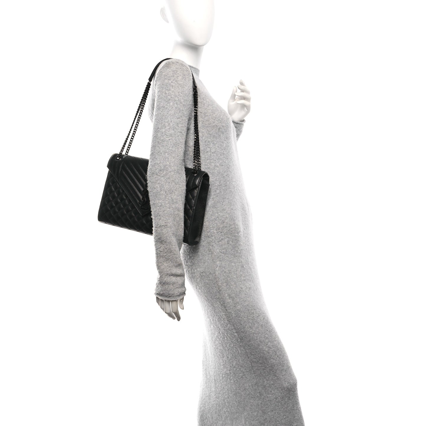 Grain De Poudre Textured Mixed Matelasse Large Triquilt Monogram Monochrome Satchel Black