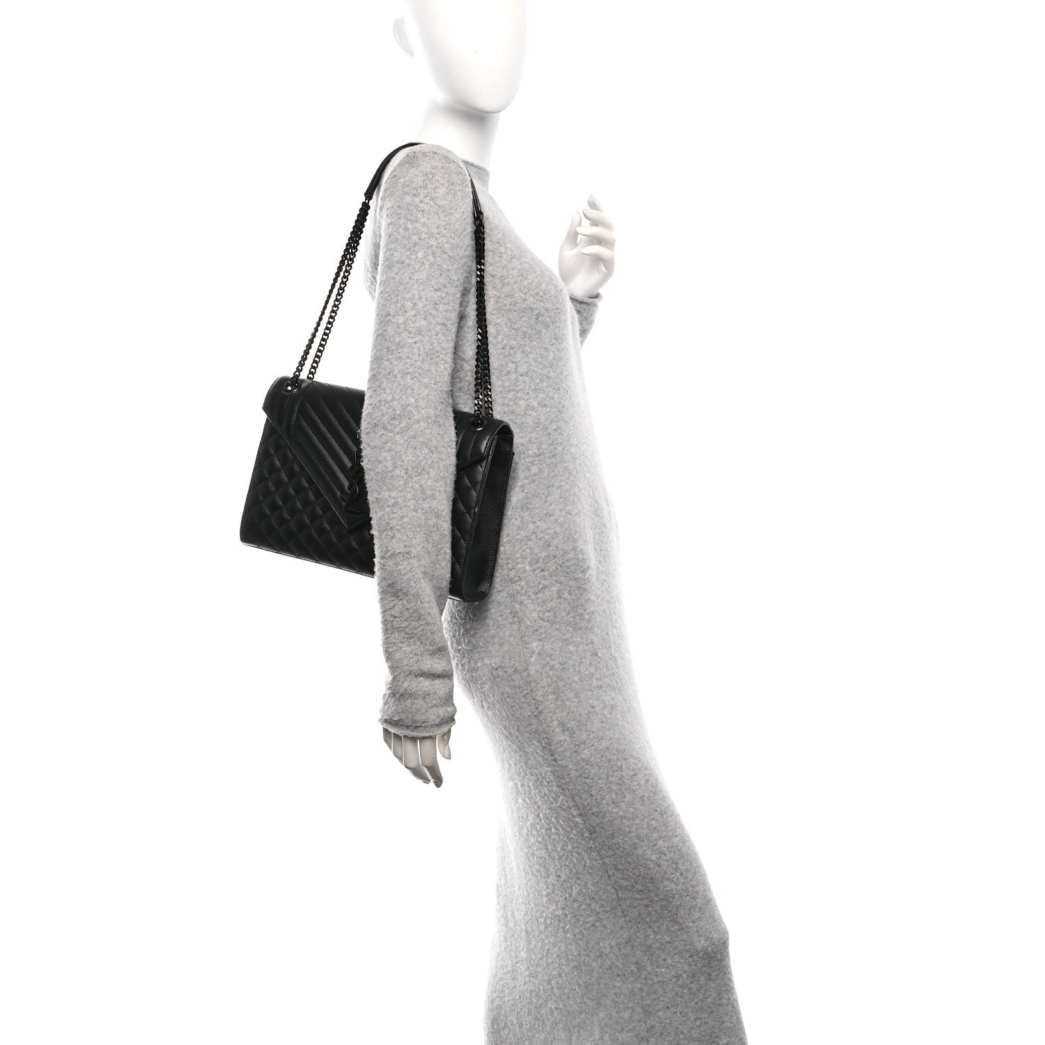 Saint Laurent Grain De Poudre Textured Mixed Matelasse Large Triquilt Monogram Monochrome Satchel Black 2 of 11
