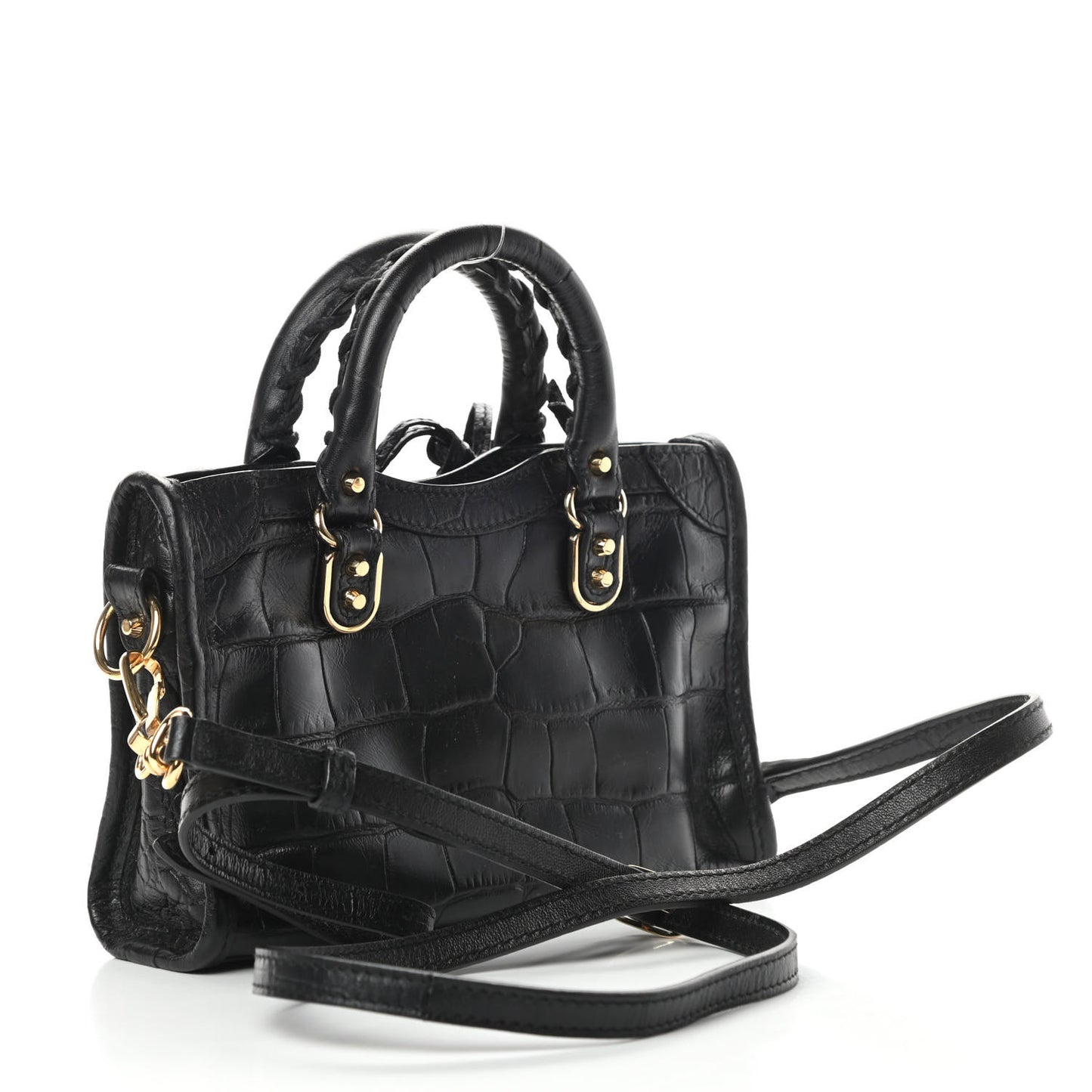 Calfskin Crocodile Embossed Gold Metallic Edge Hardware Nano City Black