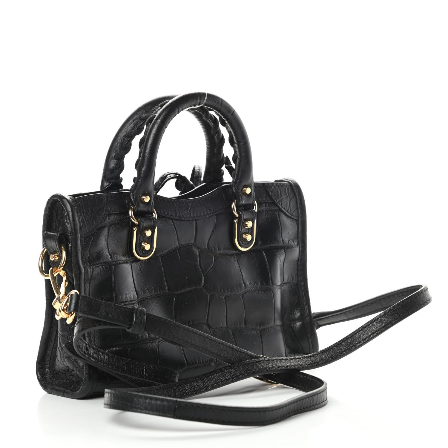 Balenciaga Calfskin Crocodile Embossed Gold Metallic Edge Hardware Nano City Black 3 of 13