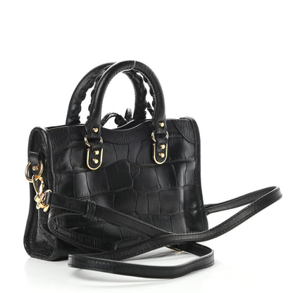 Balenciaga Calfskin Crocodile Embossed Gold Metallic Edge Hardware Nano City Black 3 of 13