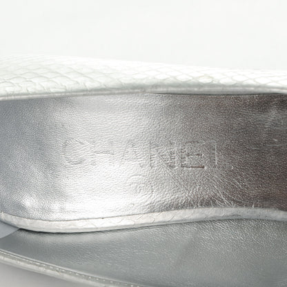 Chanel Patent Snakeskin Pearl Peep Toe Pumps 38 Silver 7 of 9