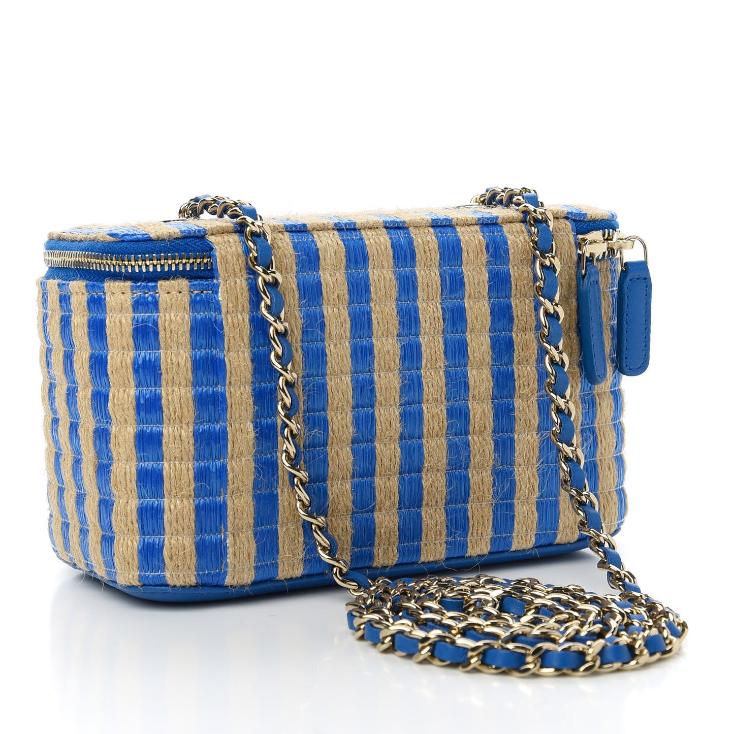 Raffia Jute Striped Small Vanity Case With Chain Blue Beige