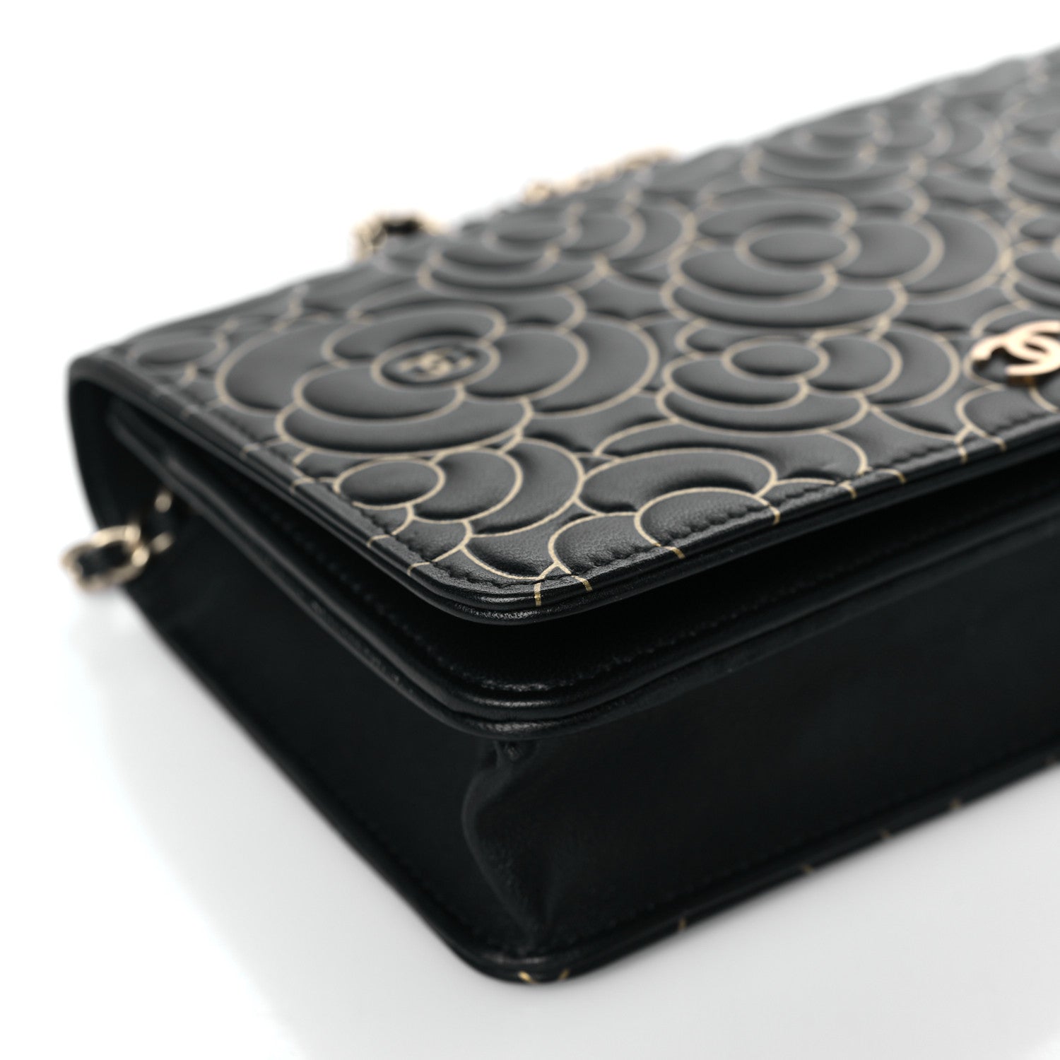 Chanel Lambskin Camellia Embossed Wallet On Chain WOC Black Gold 9 of 10