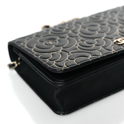 Chanel Lambskin Camellia Embossed Wallet On Chain WOC Black Gold 9 of 10