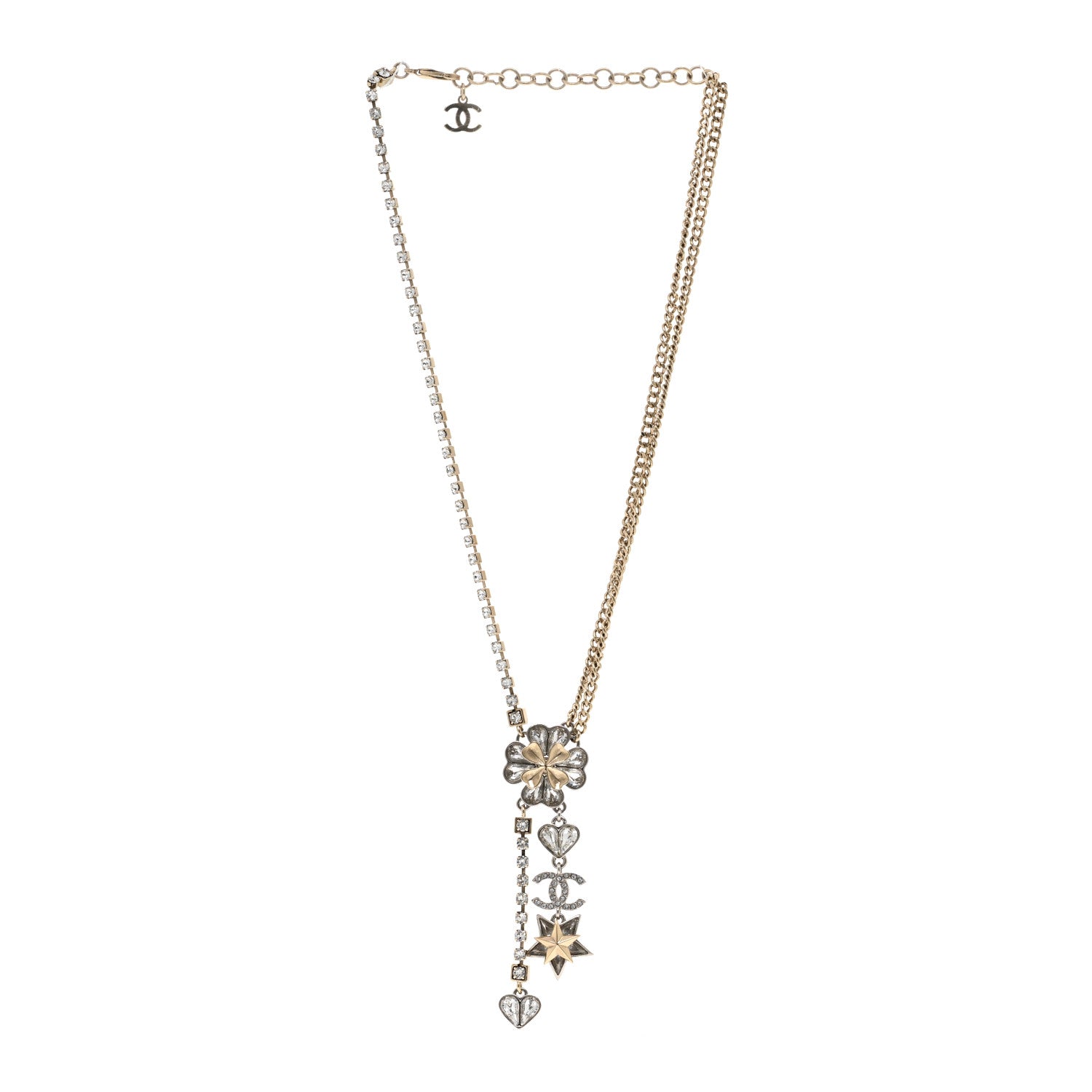 Chanel Crystal Clover Heart Star CC Drop Necklace Silver Gold 3 of 6