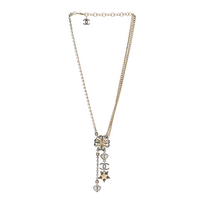 Chanel Crystal Clover Heart Star CC Drop Necklace Silver Gold 3 of 6