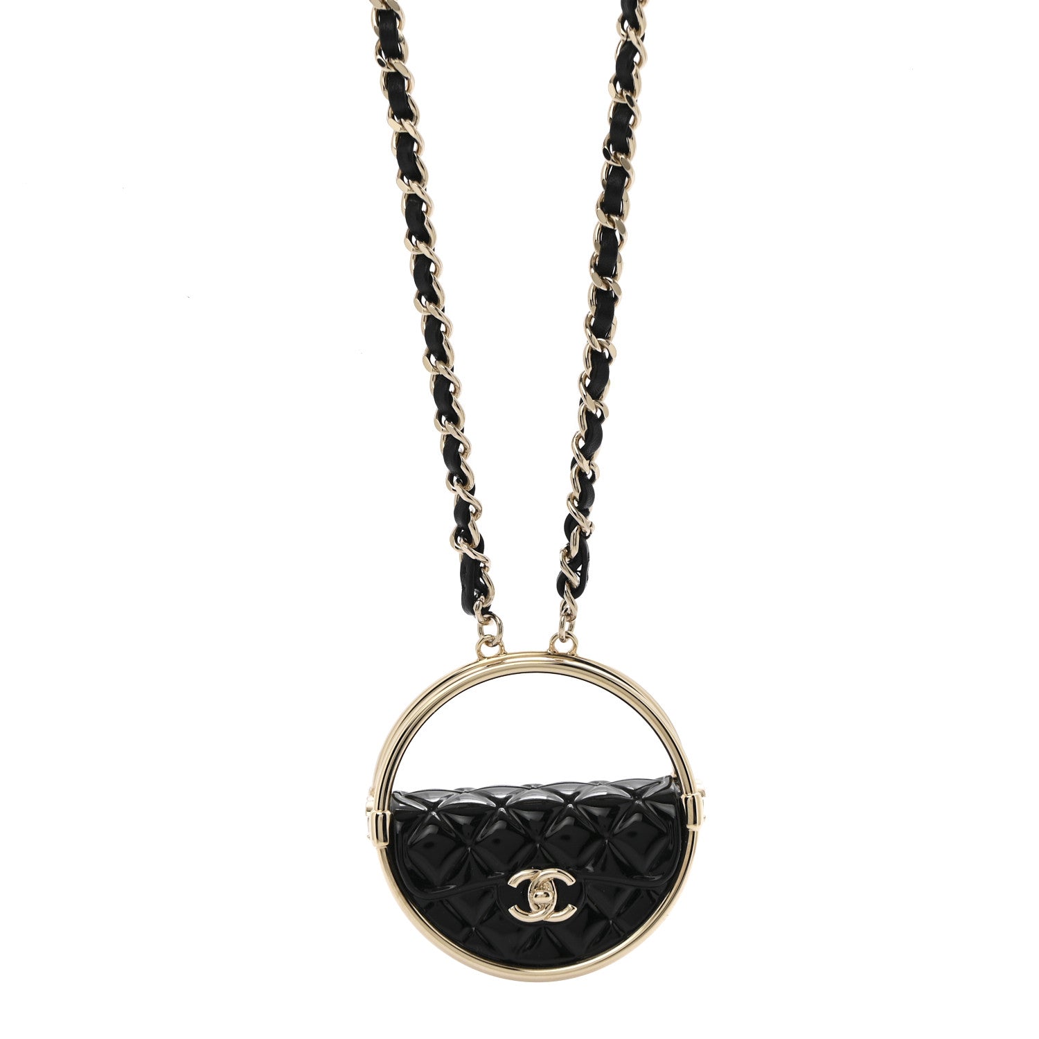 Chanel Metal Resin Quilted Flap Bag Hoop Mirror Necklace Black Gold 1 of 7