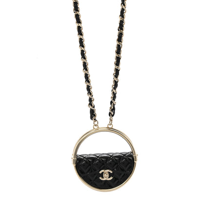 Chanel Metal Resin Quilted Flap Bag Hoop Mirror Necklace Black Gold 1 of 7