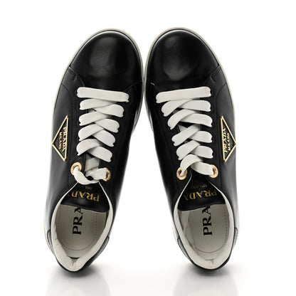 Prada Vitello Soft Metal Triangle Logo Womens Edge Low Top 30mm Sneakers 39 Black White 2 of 8