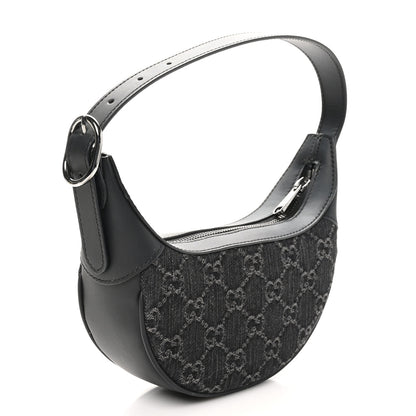 Gucci Denim GG Monogram Dollar Calfskin Web Mini Ophidia Half Moon Hobo Black Grey 3 of 10