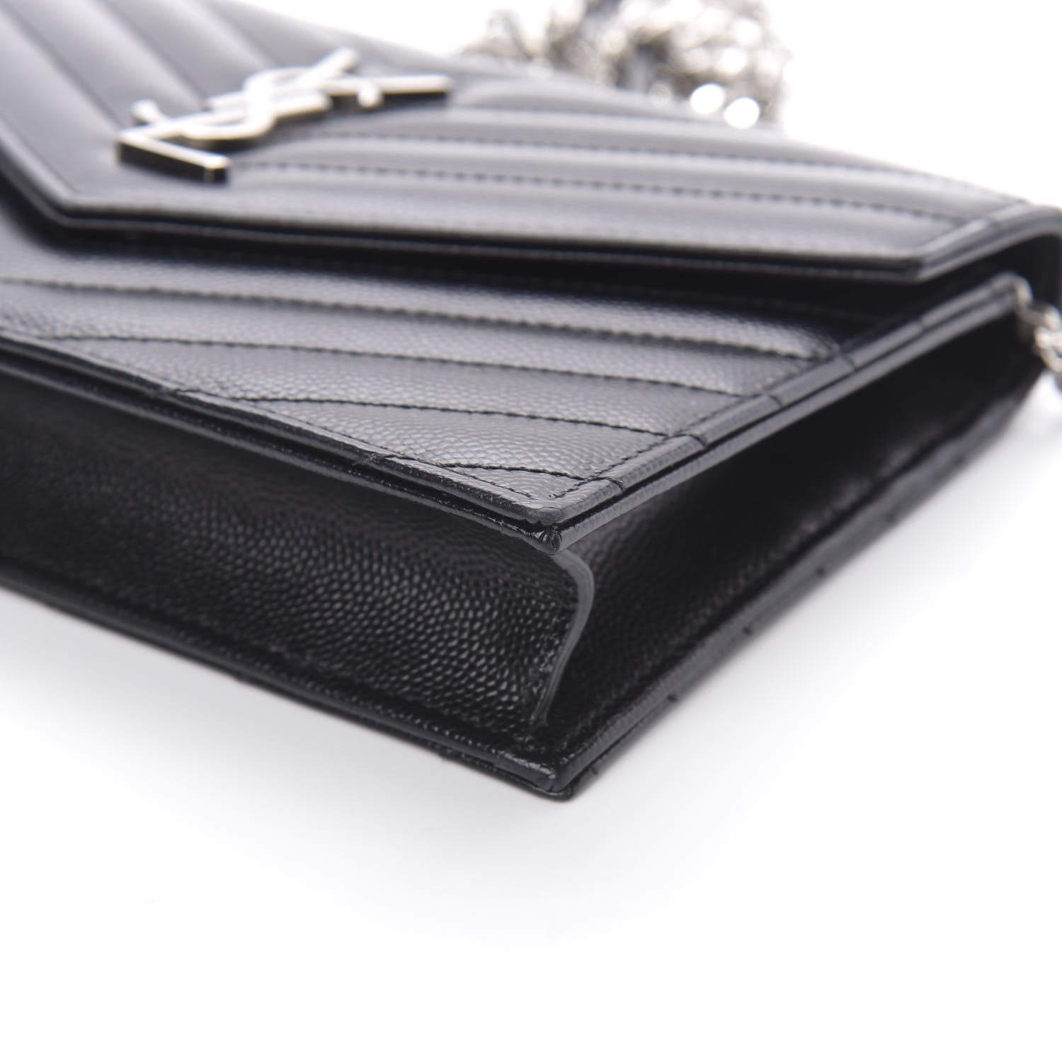Saint Laurent Grain De Poudre Matelasse Chevron Monogram Envelope Chain Wallet Black 10 of 12