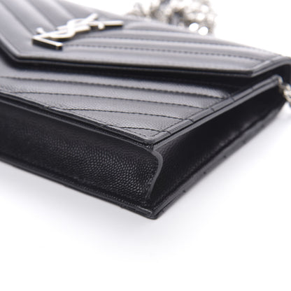 Saint Laurent Grain De Poudre Matelasse Chevron Monogram Envelope Chain Wallet Black 10 of 12