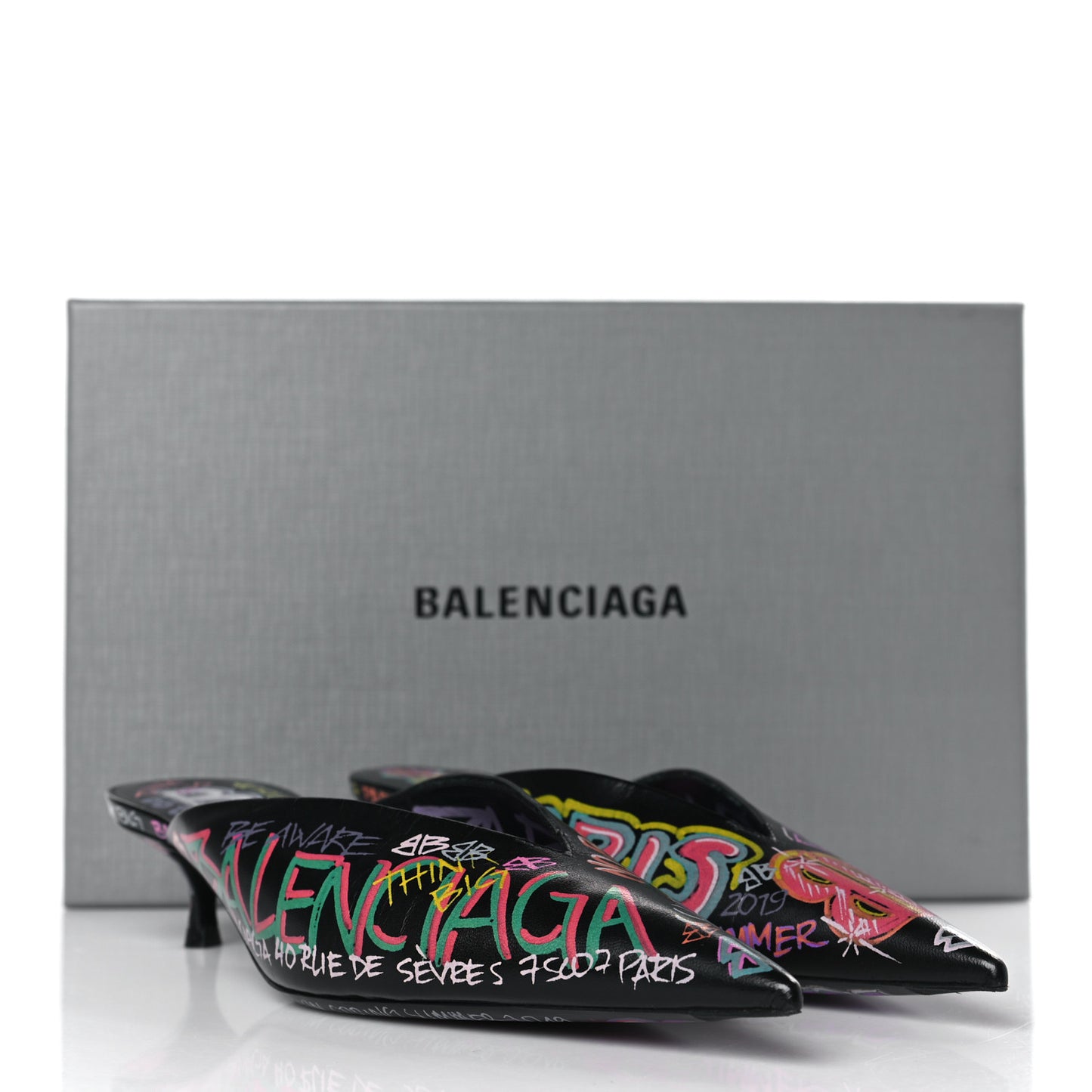 Chevre Classic Graffiti Pointed Toe Knife Mules 37 Black Multicolor