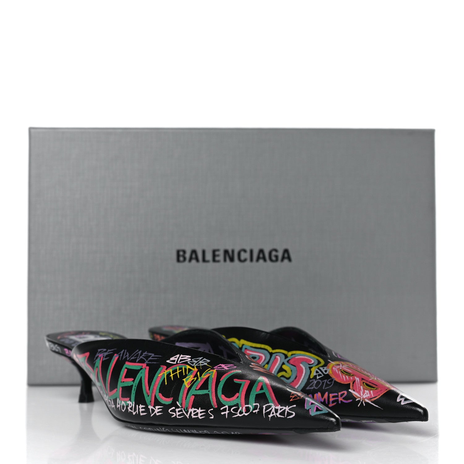 Balenciaga Chevre Classic Graffiti Pointed Toe Knife Mules 37 Black Multicolor 8 of 8