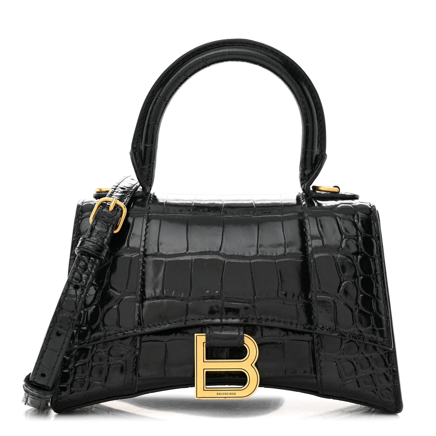 Shiny Calfskin Crocodile Embossed Hourglass Top Handle Bag XS Black