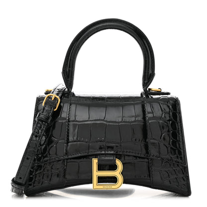 Balenciaga Shiny Calfskin Crocodile Embossed Hourglass Top Handle Bag XS Black 1 of 10