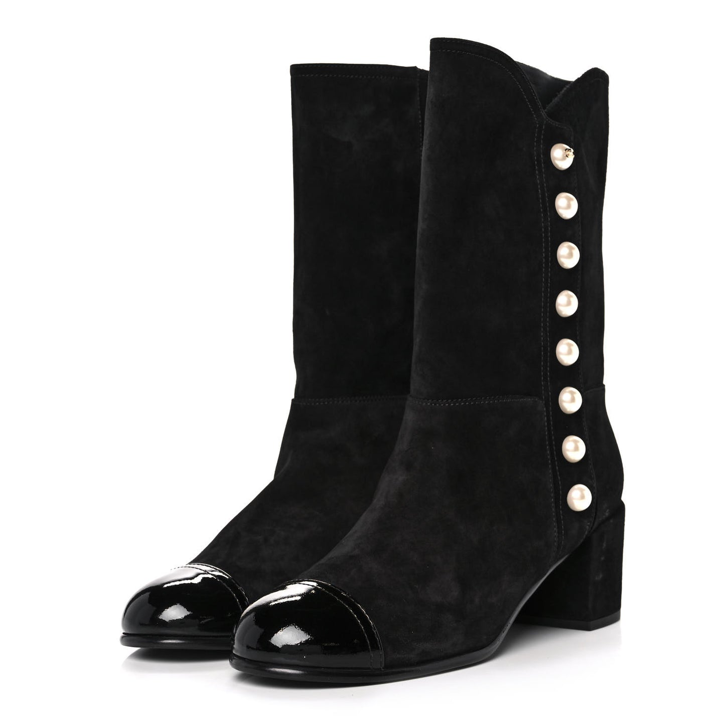 Suede Calfskin Patent Pearl Cap Toe Boots 41 Black