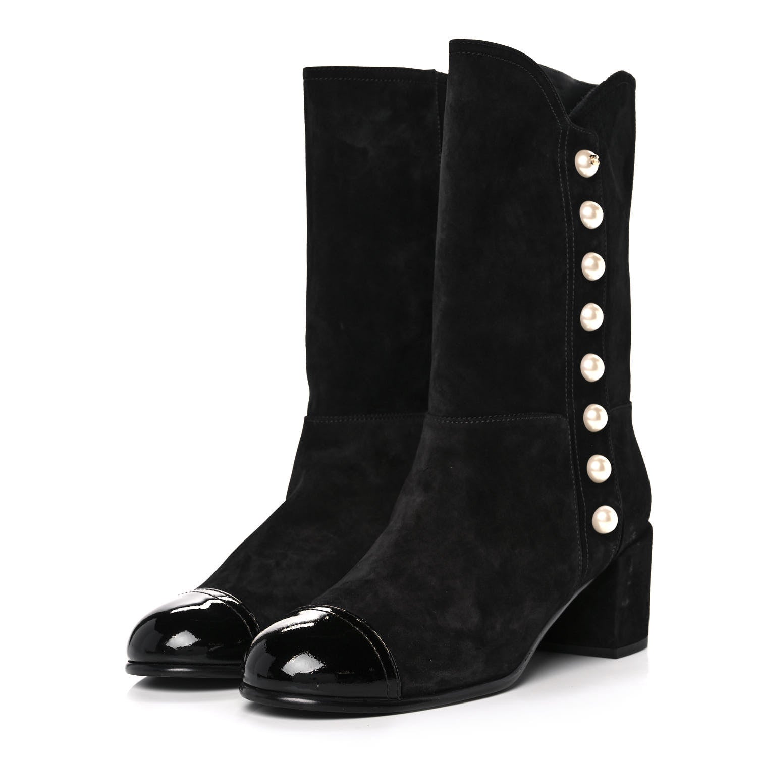 Chanel Suede Calfskin Patent Pearl Cap Toe Boots 41 Black 3 of 8