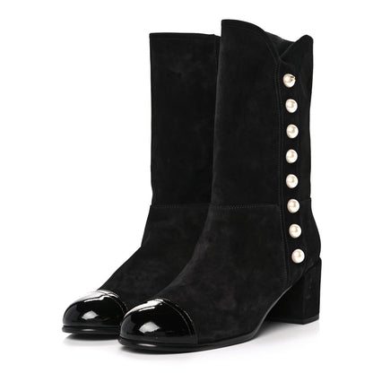 Chanel Suede Calfskin Patent Pearl Cap Toe Boots 41 Black 3 of 8