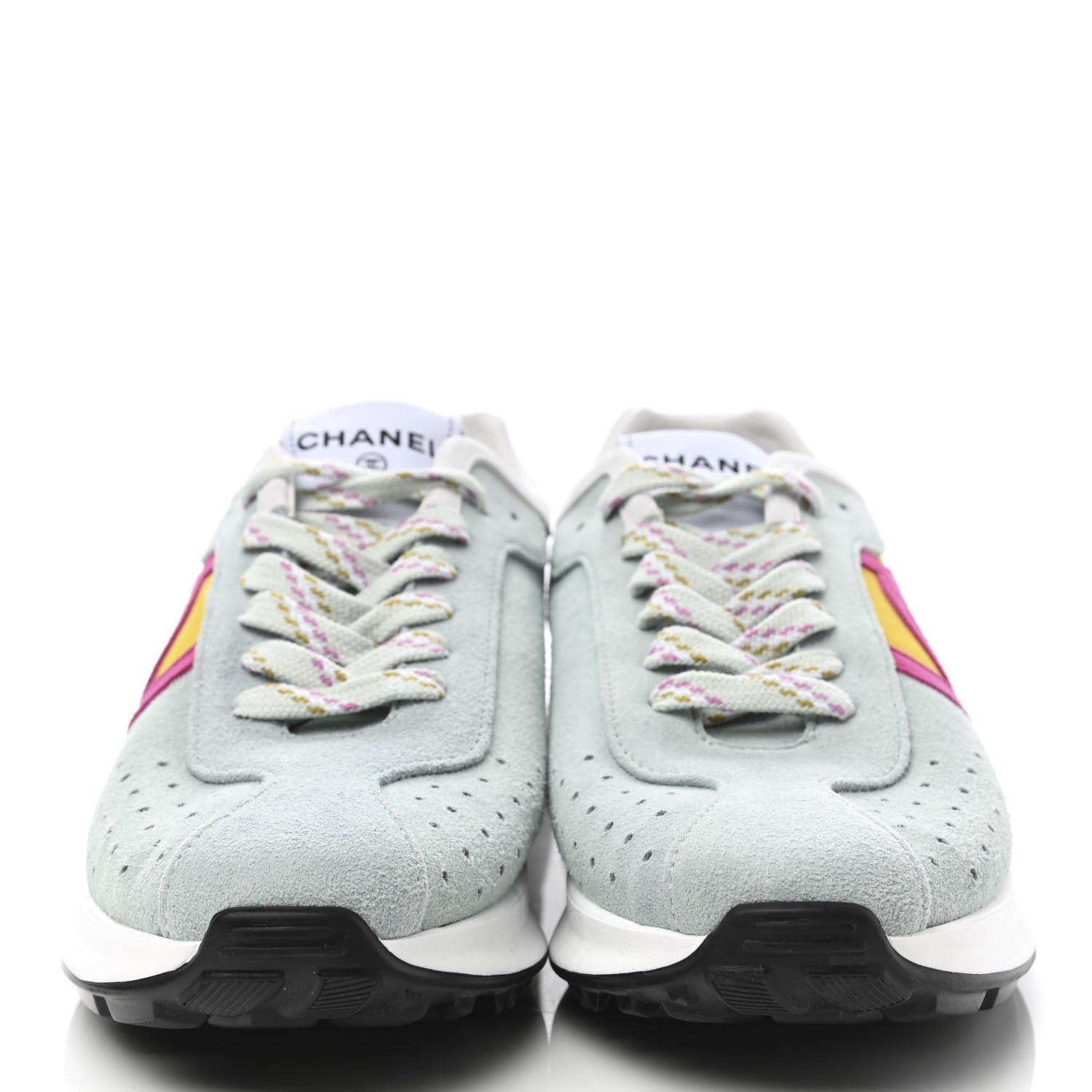 Chanel Fabric Suede Kidskin CC Sneakers 41 Light Turquoise Fuchsia Yellow 2 of 9