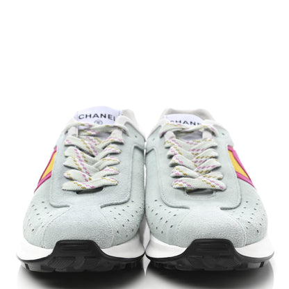 Chanel Fabric Suede Kidskin CC Sneakers 41 Light Turquoise Fuchsia Yellow 2 of 9