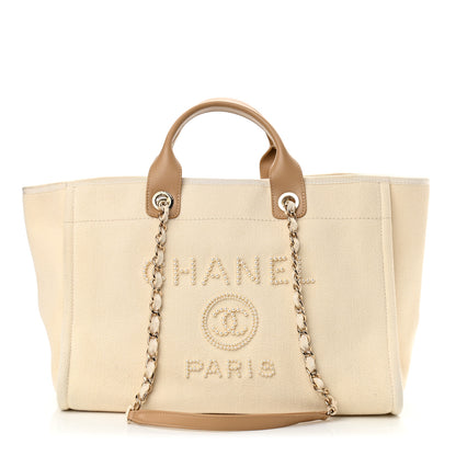 Chanel Canvas Pearl Medium Deauville Tote Ecru Beige 1 of 10