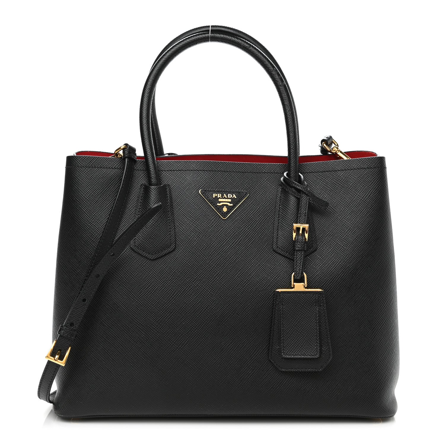 Prada Saffiano Cuir Medium Double Bag Black Fuoco 1 of 14