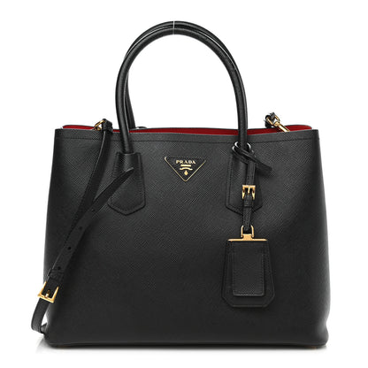 Prada Saffiano Cuir Medium Double Bag Black Fuoco 1 of 14