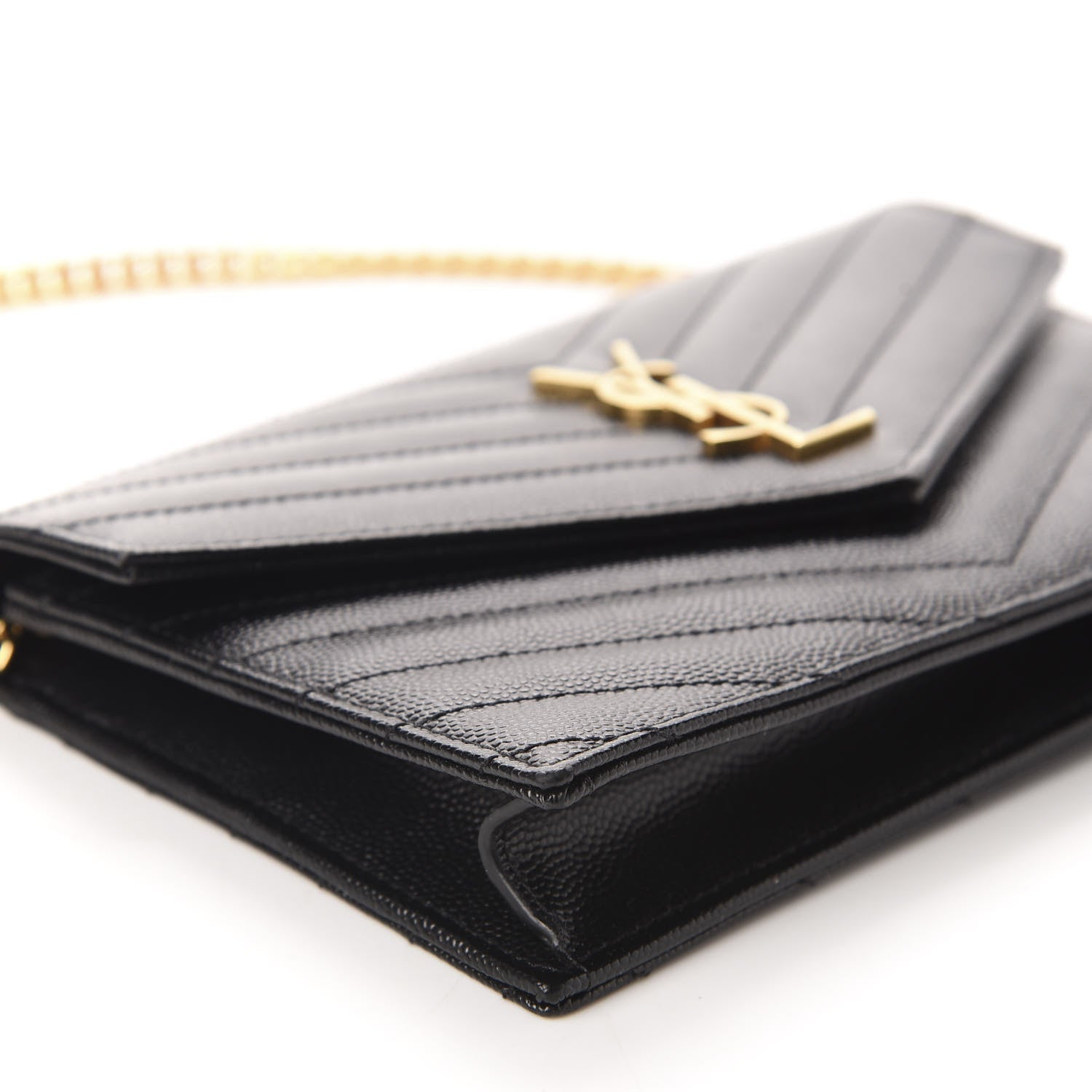 Saint Laurent Grain De Poudre Matelasse Chevron Monogram Envelope Chain Wallet Black 6 of 10