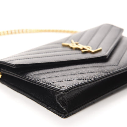 Saint Laurent Grain De Poudre Matelasse Chevron Monogram Envelope Chain Wallet Black 6 of 10