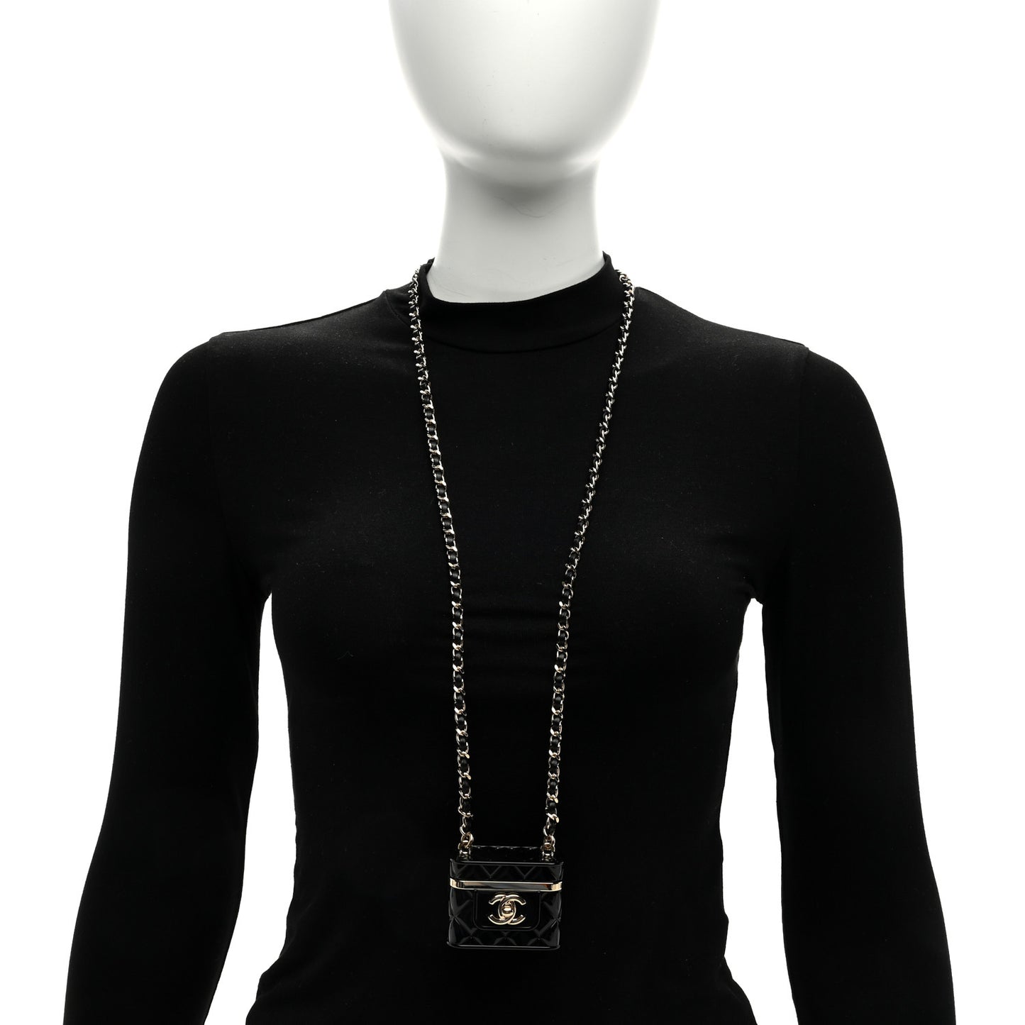 Metal Resin Calfskin Quilted CC Push Lock Long Necklace Gold Black
