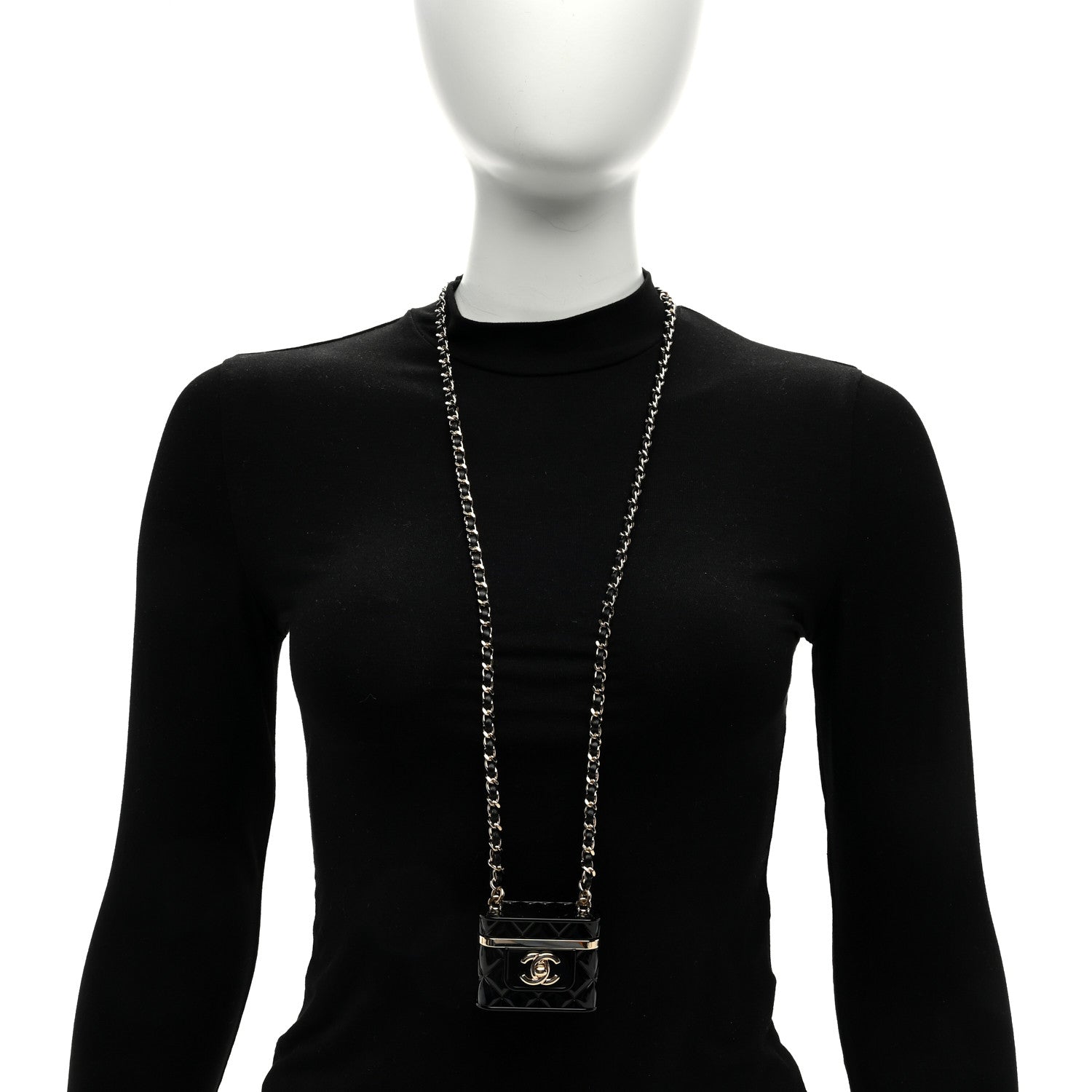 Chanel Metal Resin Calfskin Quilted CC Push Lock Long Necklace Gold Black 3 of 6