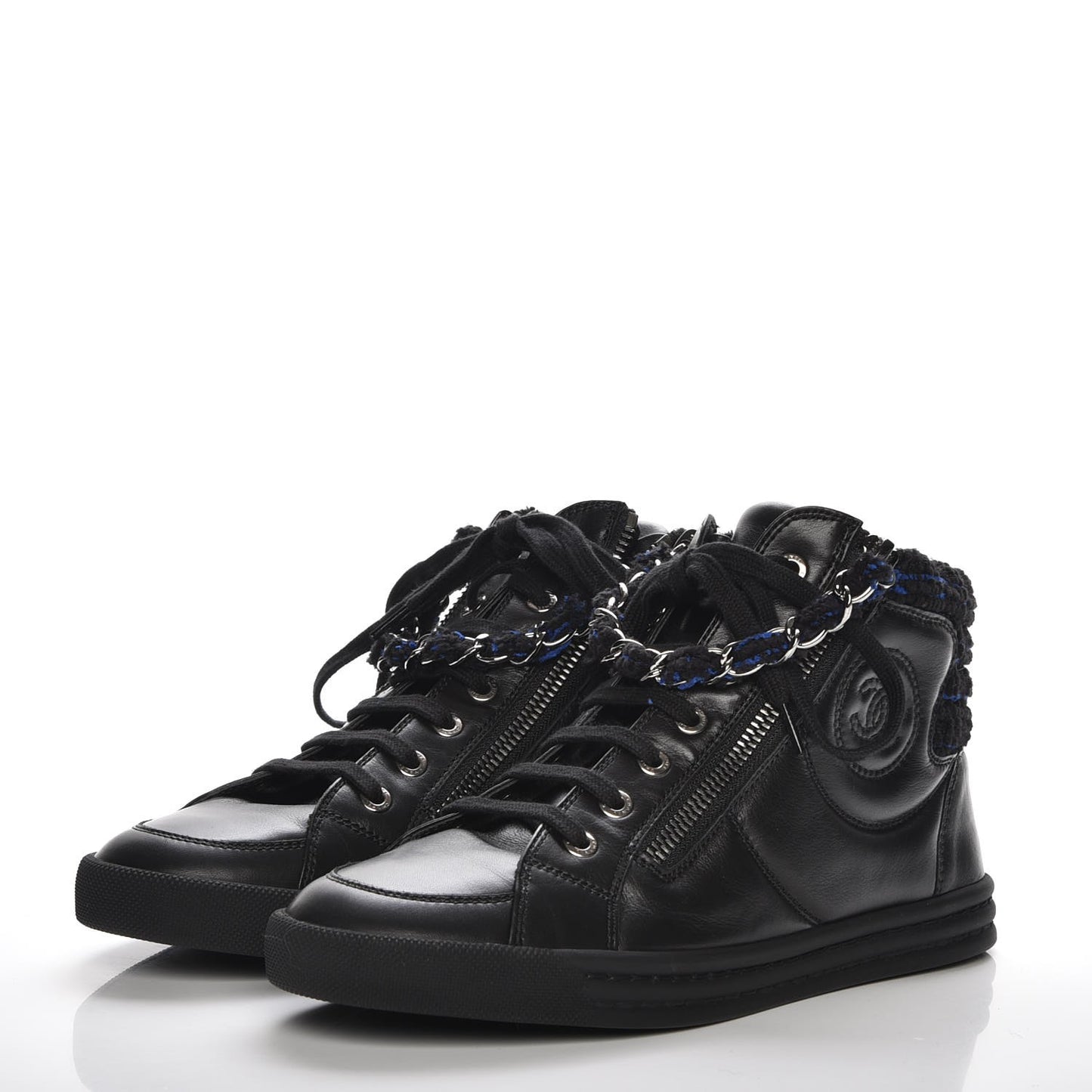 Lambskin Tweed Zipped Sneakers 36 Black Blue