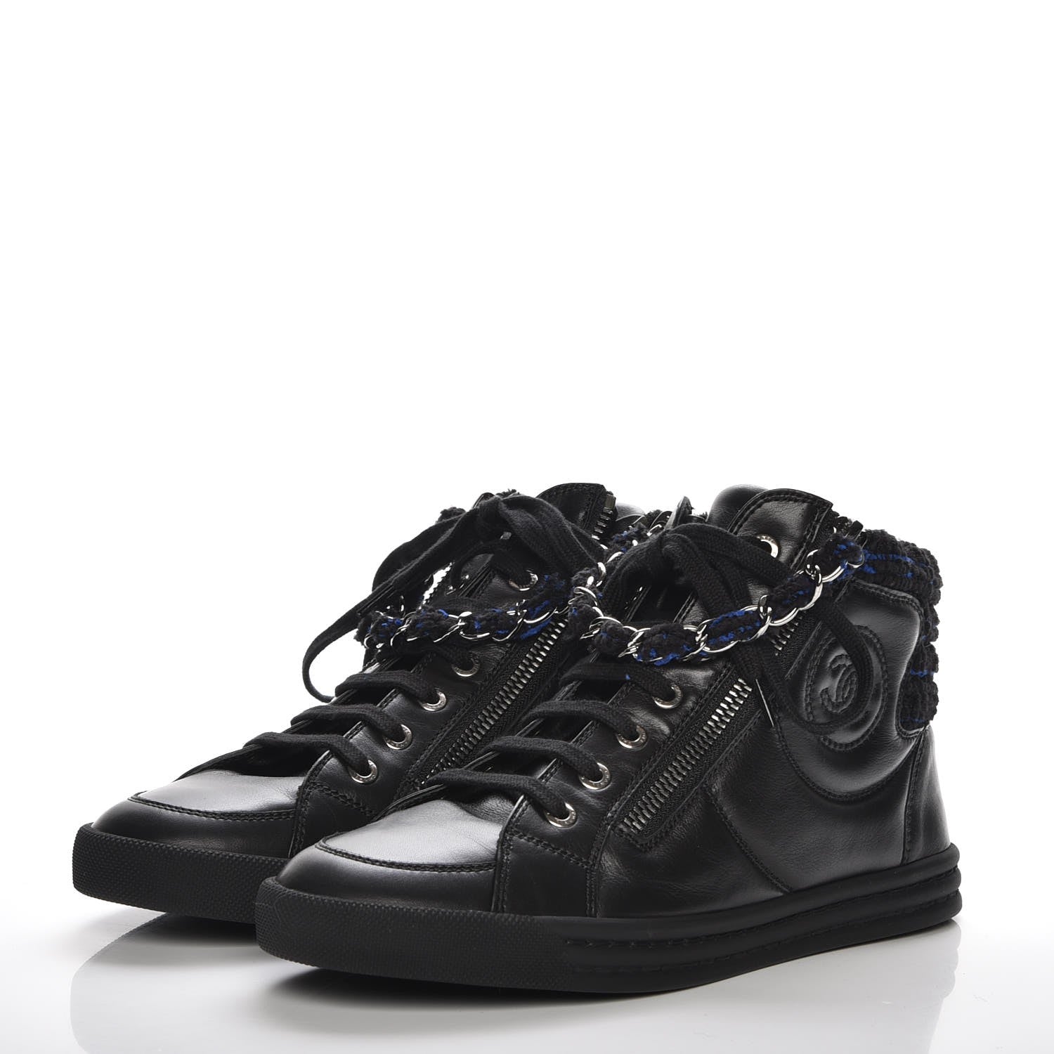 Chanel Lambskin Tweed Zipped Sneakers 36 Black Blue 2 of 8