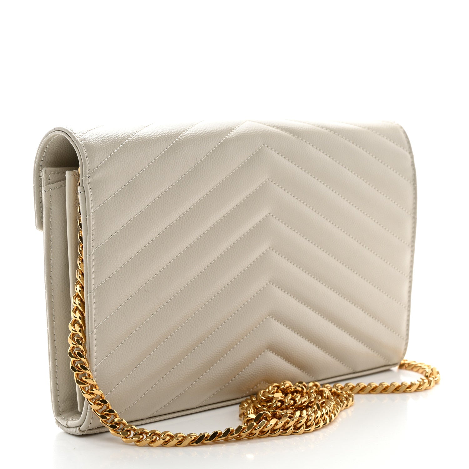 Saint Laurent Grain De Poudre Matelasse Chevron Monogram Chain Wallet Crema Soft 3 of 10