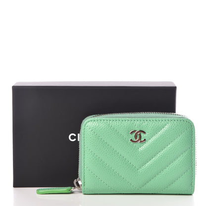 Chanel Caviar Chevron Quilted Zip Around Coin Purse Light Green 9 of 9