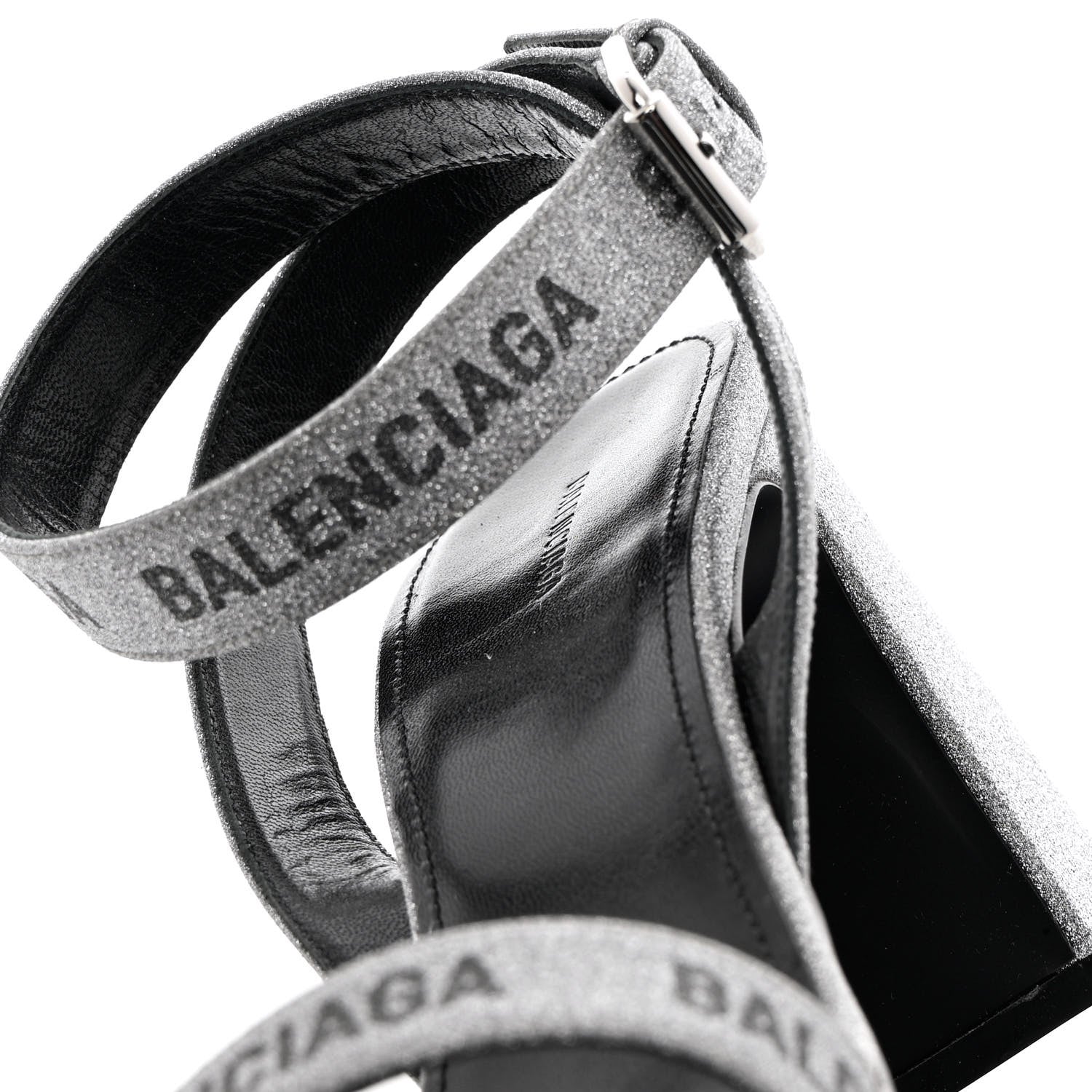 Balenciaga Glitter Allover Logo Ankle Strap Round Heel 80mm Sandals 39 Silver Black 12 of 14