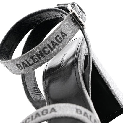 Balenciaga Glitter Allover Logo Ankle Strap Round Heel 80mm Sandals 39 Silver Black 12 of 14