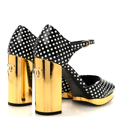 Chanel Printed Calfskin Polka Dot CC Platform Sandals 37 Black White 5 of 9