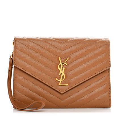 Saint Laurent Grain De Poudre Matelasse Chevron Monogram Cassandre Flap Pouch Natural Dark 1 of 8
