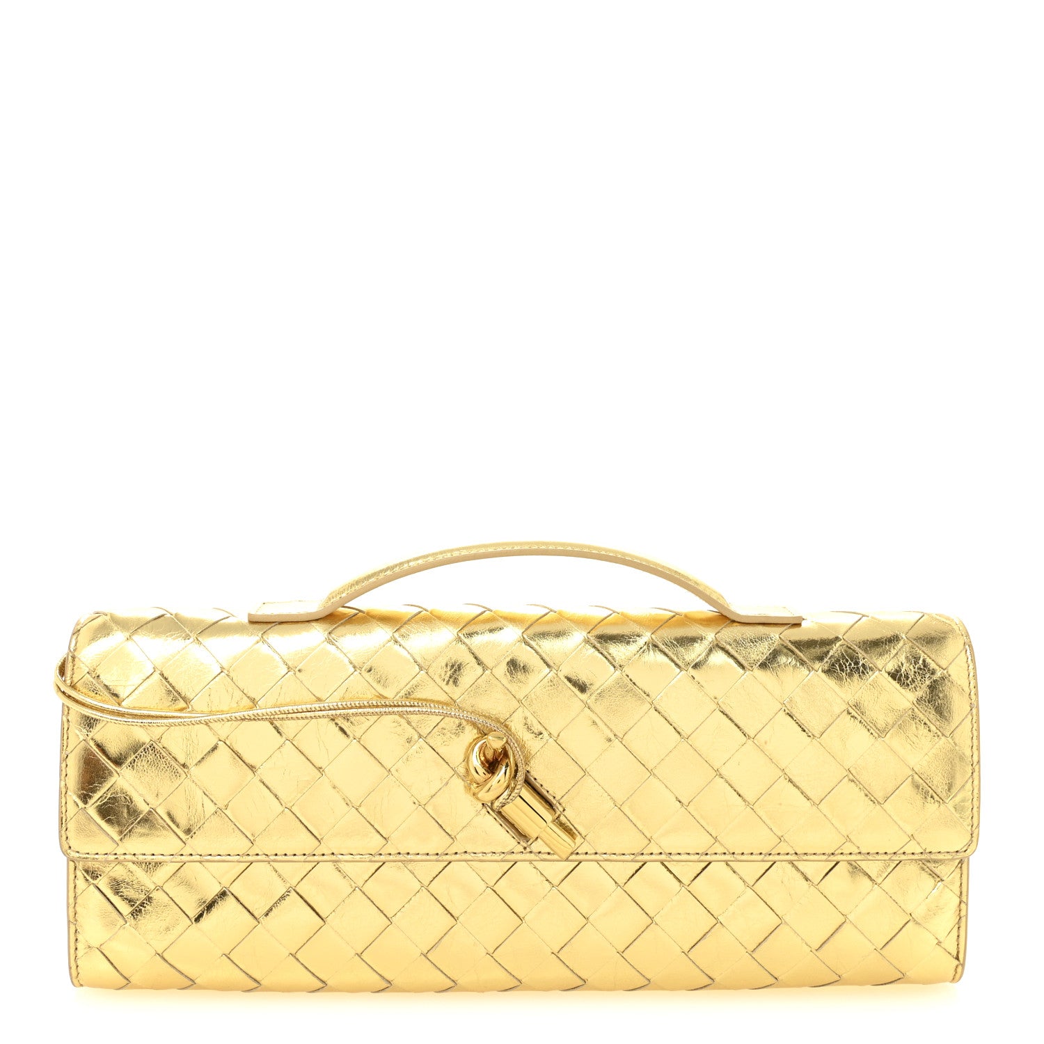 Bottega Veneta Metallic Lambskin Intrecciato Long Andiamo Top Handle Clutch Gold 1 of 6