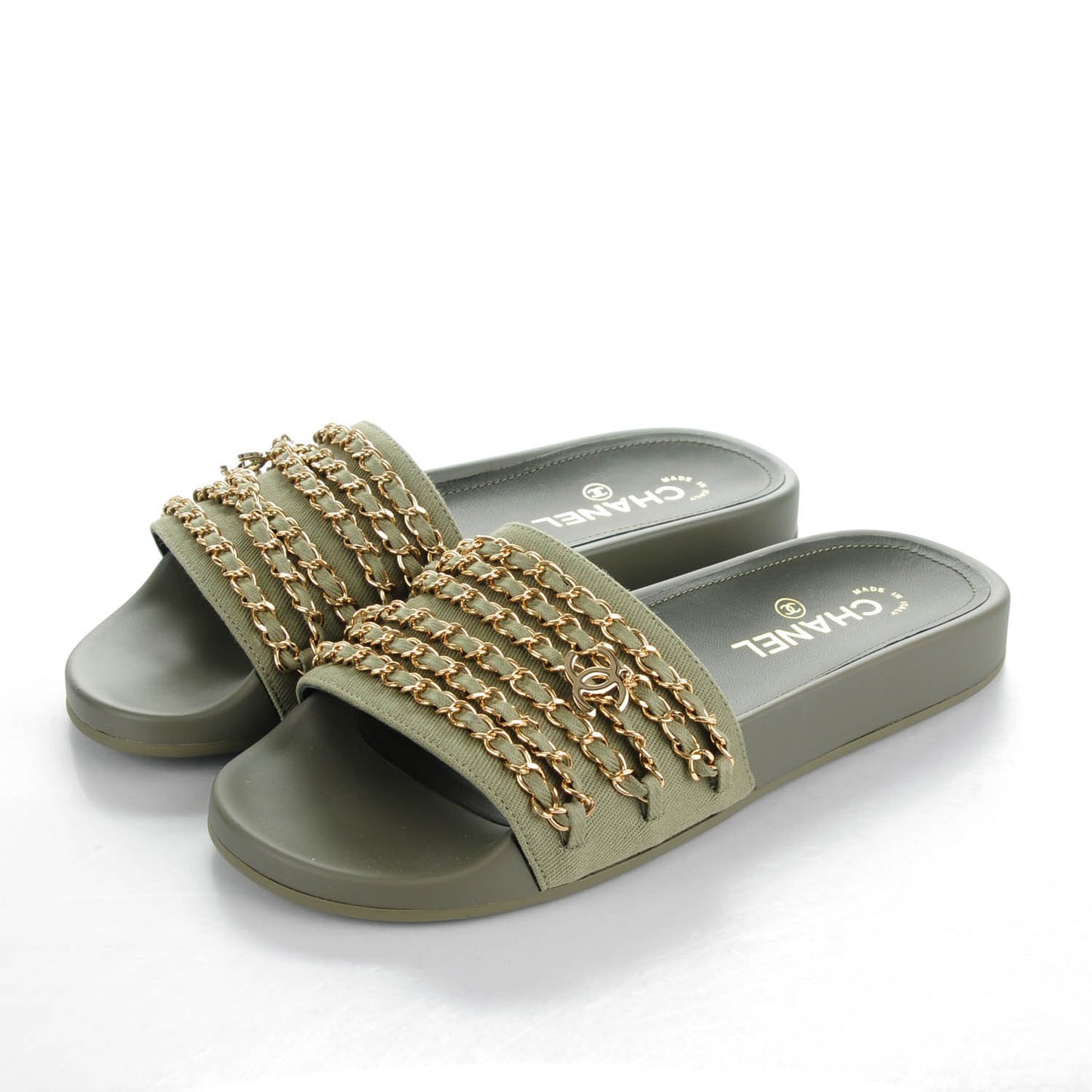 Lambskin Canvas Chain Flat Sandals 39 Green