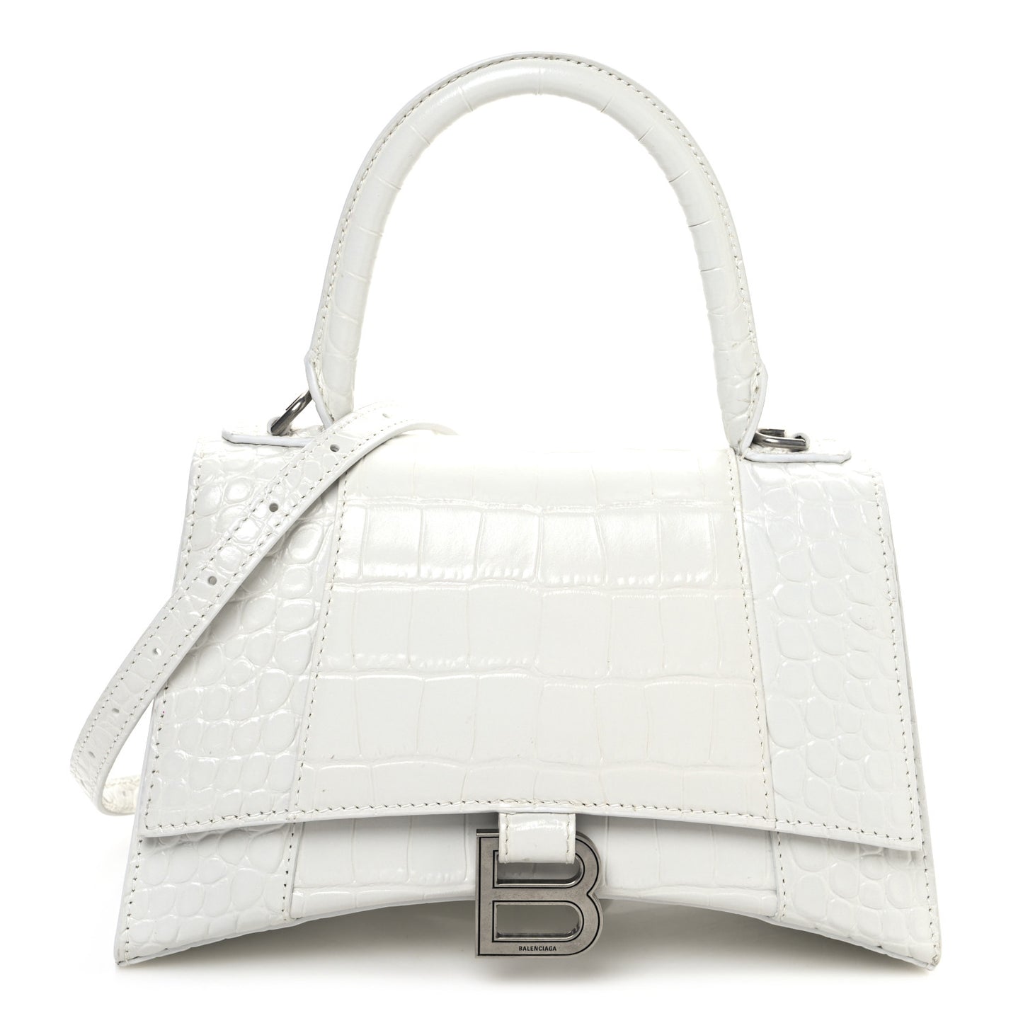 Shiny Calfskin Crocodile Embossed Small Hourglass Top Handle Bag Optic White